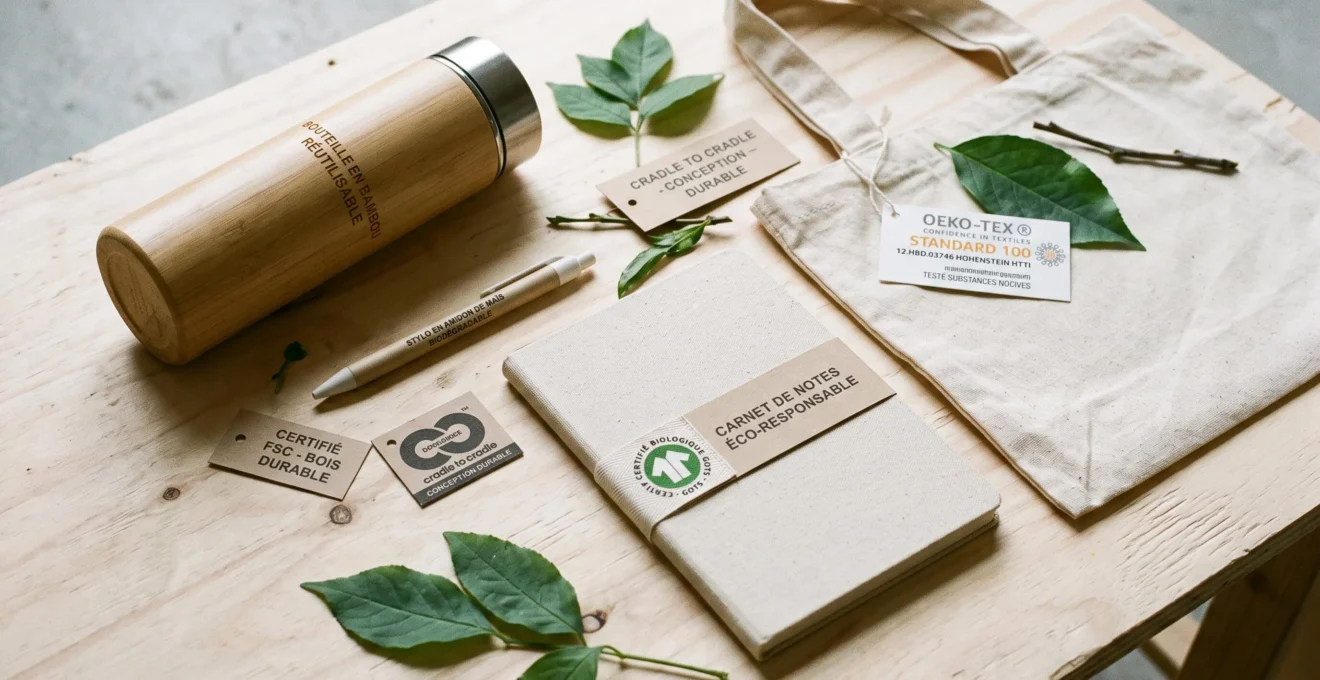 Objets publicitaires éco-responsables en matériaux durables (bambou, coton bio, amidon de maïs) avec labels certifications environnementales FSC, GOTS, Oeko-Tex visibles sur surface bois naturel