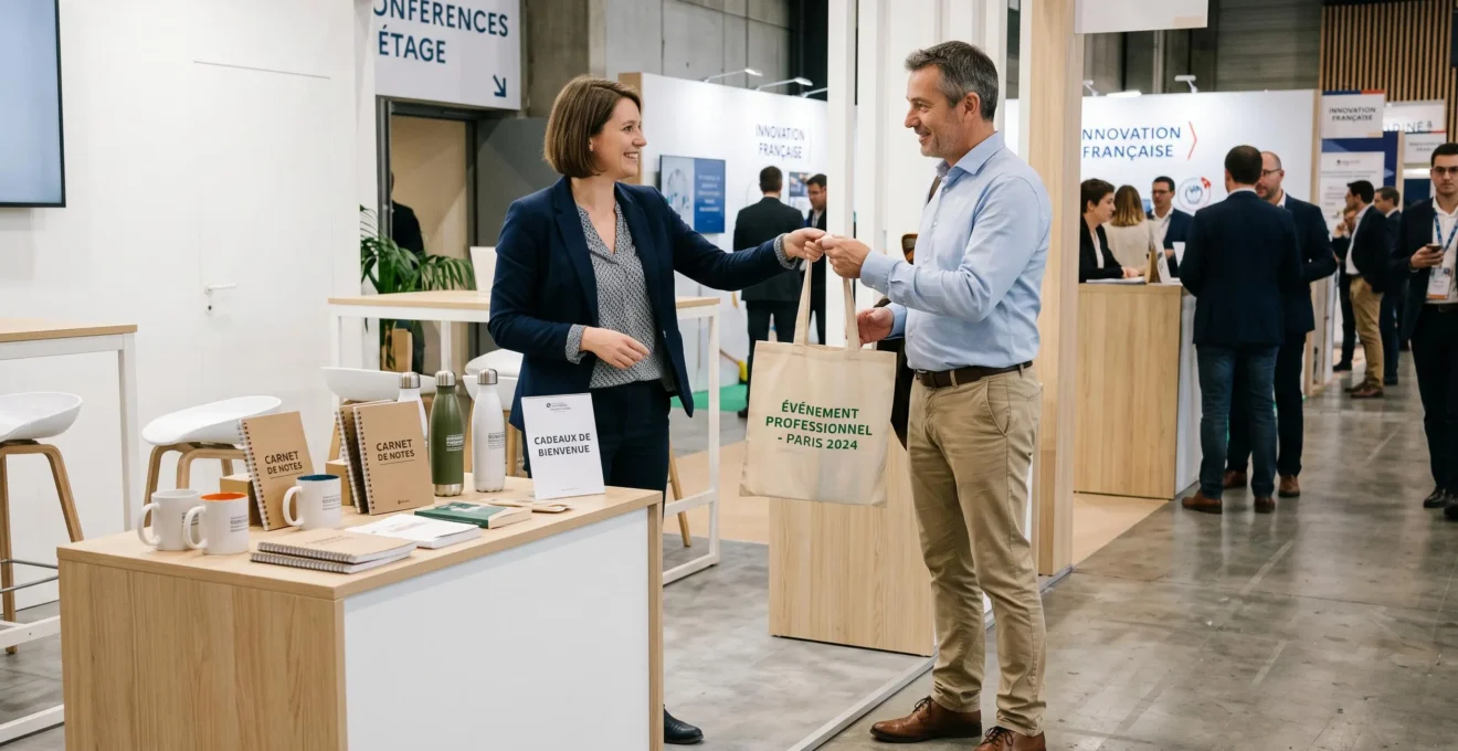 Responsable marketing tendant un tote bag personnalisé à un visiteur professionnel lors d'un salon B2B, stand moderne avec objets publicitaires variés exposés sur table