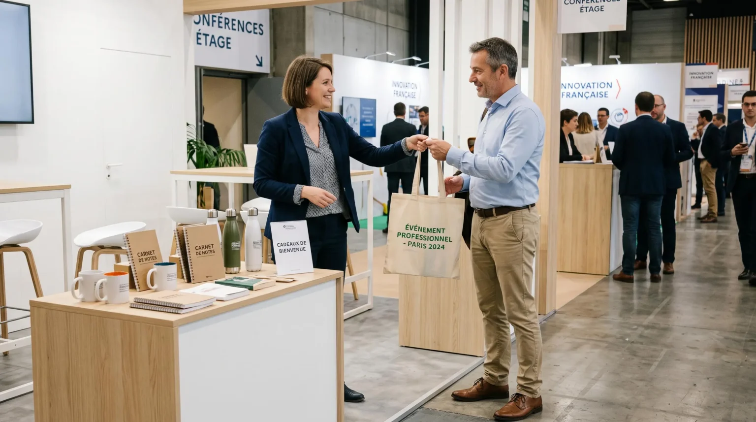 Responsable marketing tendant un tote bag personnalisé à un visiteur professionnel lors d'un salon B2B, stand moderne avec objets publicitaires variés exposés sur table
