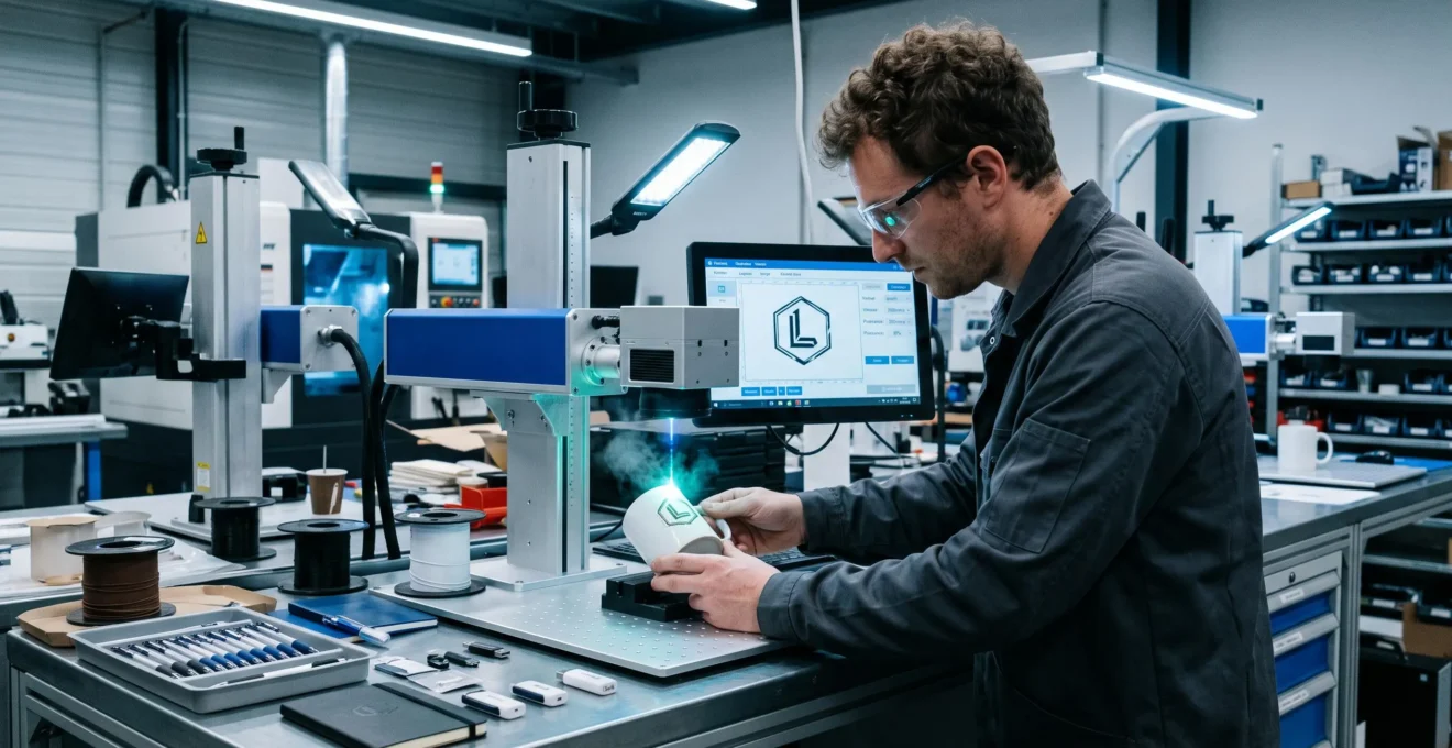 Technicien utilisant machine de gravure laser pour personnaliser un mug céramique dans atelier professionnel, écran de contrôle et objets promotionnels en attente visibles