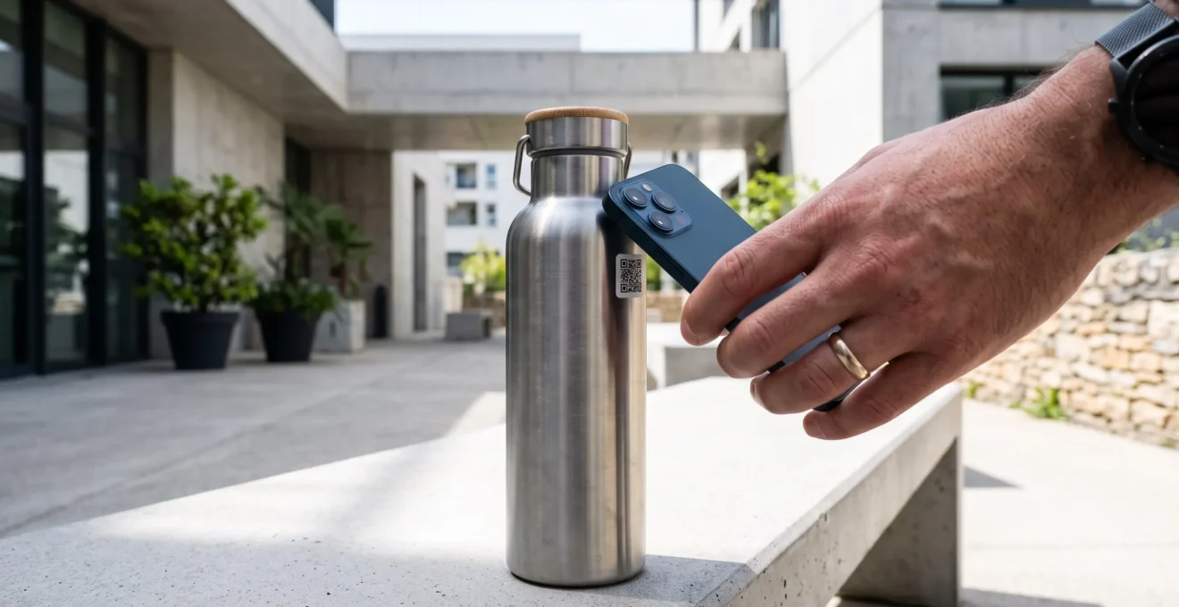 Une main scanne un objet personnalisé avec un smartphone, illustrant l'intégration physique et digitale.